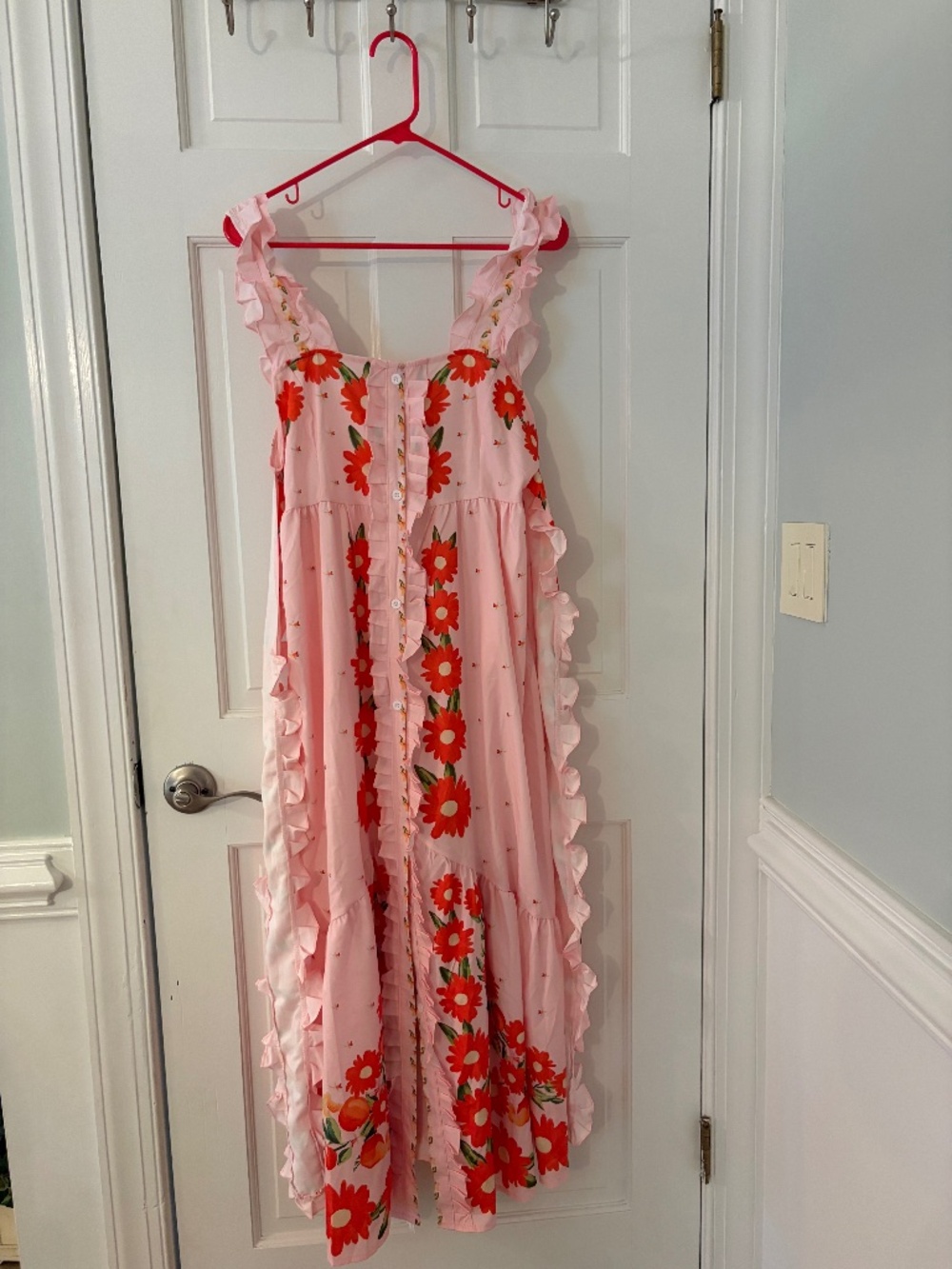 Pink Floral Ruffle Strap Button Front Maxi Sundress